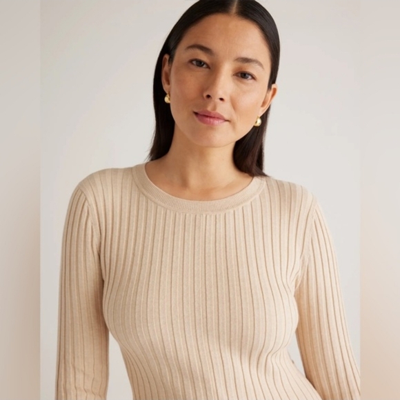 Quince Heather Oatmeal Cotton Cashmere Ribbed Long Sleeve Crew Midi Dress - Picture 3 of 9